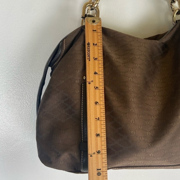 Etienne Aigner Shoulder Bag Brown Double Strap Fabric Leather Trim Gold Metal - Picture 4 of 9
